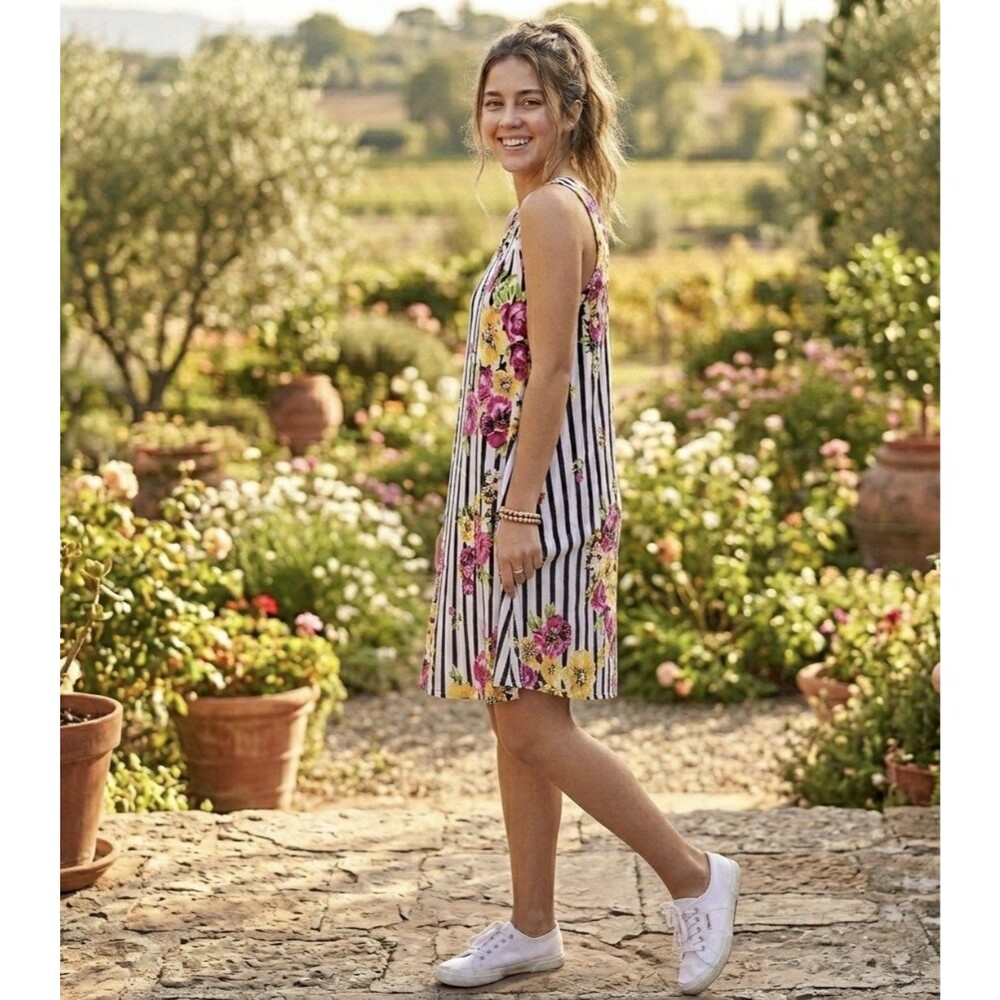 Bobbie Brooks Womens Dress Size XL Floral Stripes Sleeveless Cottage Boho Resort